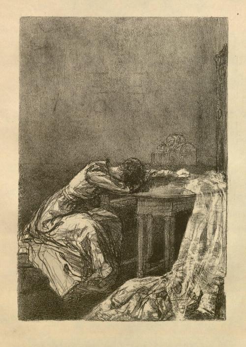 Jane Eyre despairing over her thwarted wedding, lithograph by Ethel Gabain, featured in Imprimerie N
