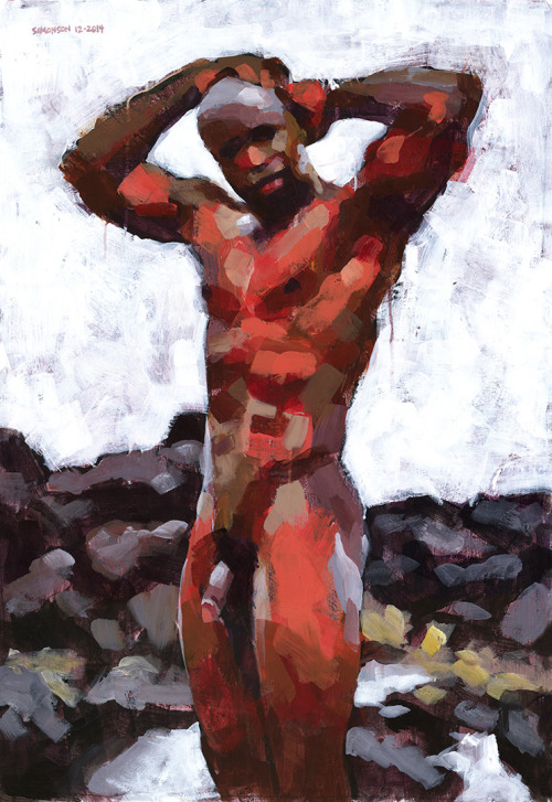Black Male Nude in Lava Rocks, painting by Douglas Simonson (Dec. 2014).  Douglas Simonson website S