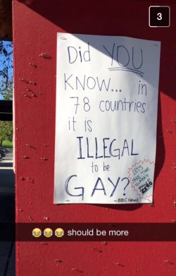 letsvibetonight:  So there’s a club at my school called GSA (Gay Straight Alliance) and they speak up some times and the club is a pretty decent size. This week they put posters all over the campus with facts about how gay/lesbian/bisexual people are