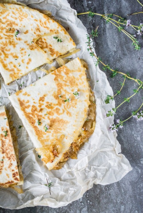 justfoodsingeneral: Sticky Caramelized Onion &amp; Smoked Gouda Quesadillas “Sticky, sweet