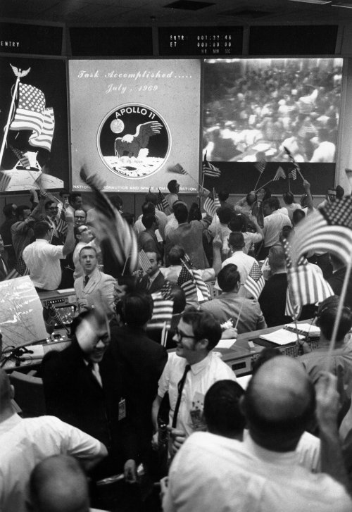 humanoidhistory: Mission control at the Johnson Space Center celebrates the safe return of Apollo 11