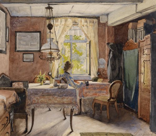 Sunny interior with a woman by the window  -   Carl Wenzel ZajicekGerman, 1860-1923Wa