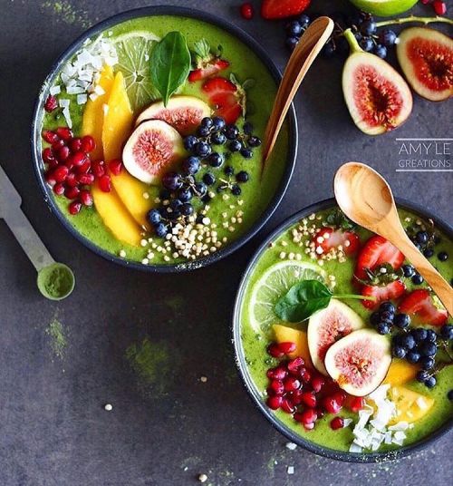 letscookvegan: Green smoothie Bowls by @amylecreations Recipe: (Makes the 2 small bowls) Blend: 2 cu