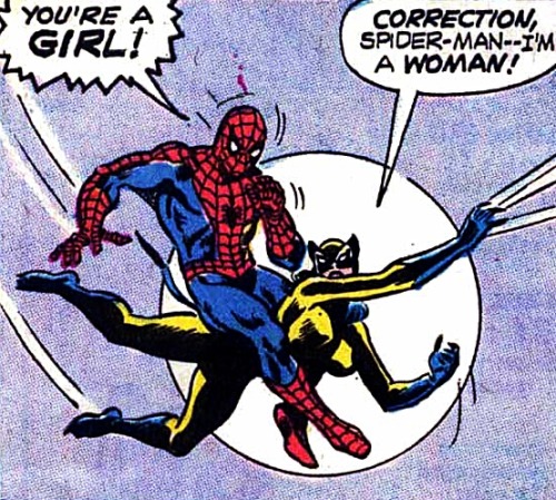 superdames: Peter you need to get out more. Spider-Man meets the Black Widow, the Cat, and Ms. Marve