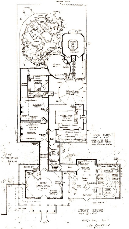 Some early layout plans and drawings for the Haunted Mansion idea in its early design stages.The fir