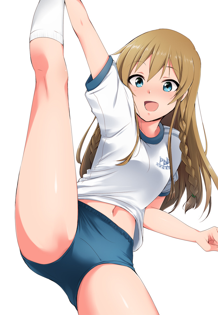 アイドルマスター、アイドルマスターミリオンライブ！、高坂海美、kaiga、高解像度、おへそ、シャツ、ブルマー、ストレッチ、ロングヘア、ニーハイソックス、一人、三つ編み、お下げ、体操服、女一人、座る、片腕を上げた、片足上げ、白いレッグウェア、笑顔、縛られた髪、茶髪、赤面、開口、開脚、青緑色の目