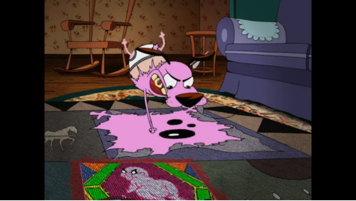 In the episode of Courage the Cowardly Dog “The Quilt Club,” Muriel gets sucked into a possessed Quilt. To save her, Courage starts sewing in memories to snap her out of it. One of these memories is his fur. Lucky for him he’s got Tighty Whities
