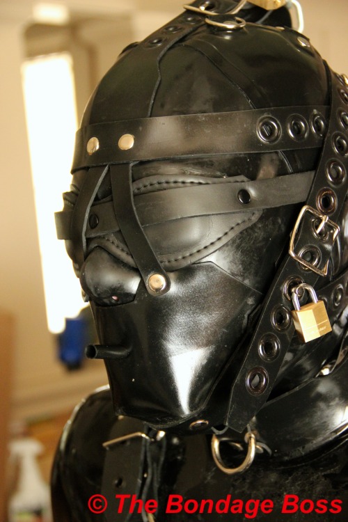 thebondageboss:SF gimp is a fully encased, plugged rubberpigobject