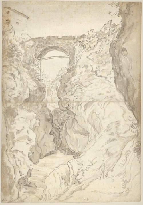 met-drawings-prints: View of the Ponte San Rocco at Tivoli; verso: Buildings on the River Aniene nea