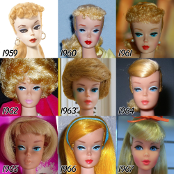 cultfawn:  bluebandanna:  lyriumspirit:  luckyjelly:  nerdiosity:  tenaflyviper:  I was curious as to exactly how Barbie’s face has changed across the 56-year span she’s been around.Personally, I think the molds they used from 1987-1995 are the cutest,