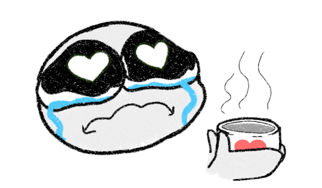 picture of a light grey figure with large watery eyes with eye shine like two large hearts, mouth trembling, tears streaming down their face, as they hold a coffee mug with a red heart on it (referencing the ko fi logo).