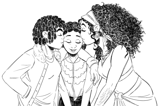 a black and white digital drawing of three women. The two on both the right and the left are planting kisses on the face of the shortest woman in the middle. The one on the left (Sylva) has short black hair done in chin length dreadlocks and is wearing a fleece lined jean jacket and a simple t-shirt. She has her left arm draped across the shoulders of the shortest woman in the middle (Angela) who has her black hair done in a crown twist style that ends in two twisted low buns at the back of her head. She is wearing a fancy button up shirt with frills and black slacks. She is smiling bashfully. The woman on the right (Gem) is the tallest. She has very long voluminous black curly hair tied back with a bandana. She is wearing jewellery, earrings and a necklace that features large smooth gems. She is wearing a low cut crop top and wrap around pants.