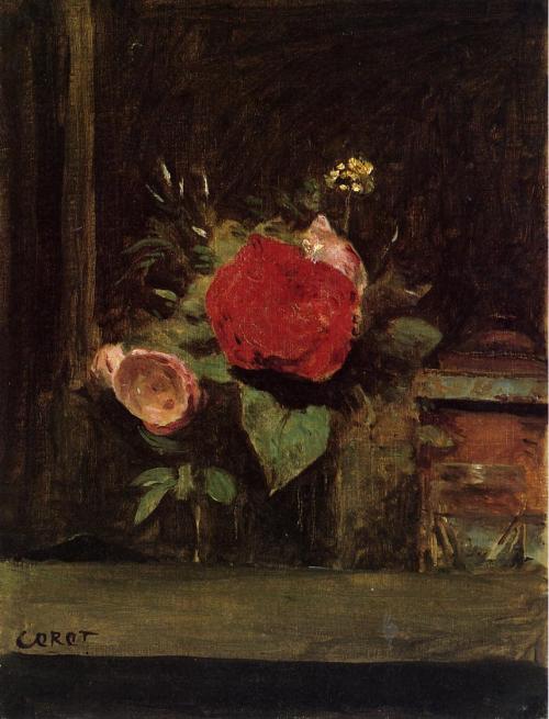 transistoradio:Camille Corot, Bouquet of Flowers in a Glass beside a Tobacco Pot (c.1873-74), oil on