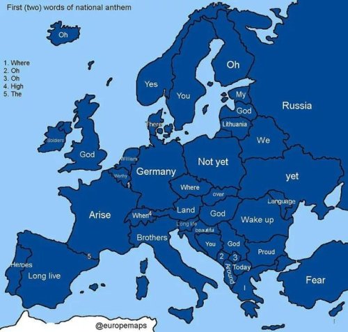 sourdoughnibblers:prettykikimora:mapsontheweb:The beginning of each European anthem.Every other coun