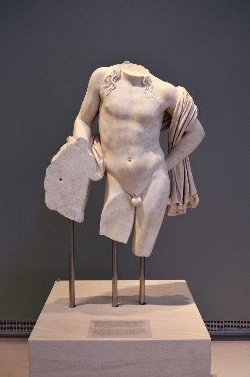 greek-museums:Archaeological Museum of Patra:Marble complex of Dionysus and a Satyr. The god is depi