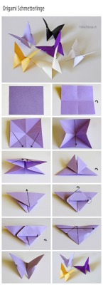 diycraftsnmore:  1. Fold paper in half both ways and turn over. 2. Fold diagonaly both ways. 3. Push two opposite sides together and flatten to a triangle. 4. Fold both upper layers to the midline above and turn form over with top down. 5. Fold the top