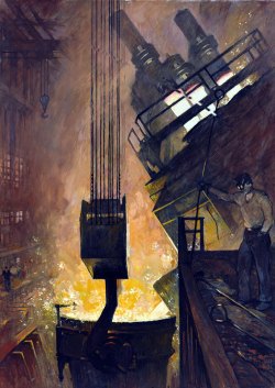 blastedheath:  toinelikesart Thorton Oakley (American, 1881-1953), Liquid Steel Pours From an Electric Furnace, 1940s. Charcoal and gouache on board, 40 x 28 1/2 in. (101.6 x 72.4 cm) 