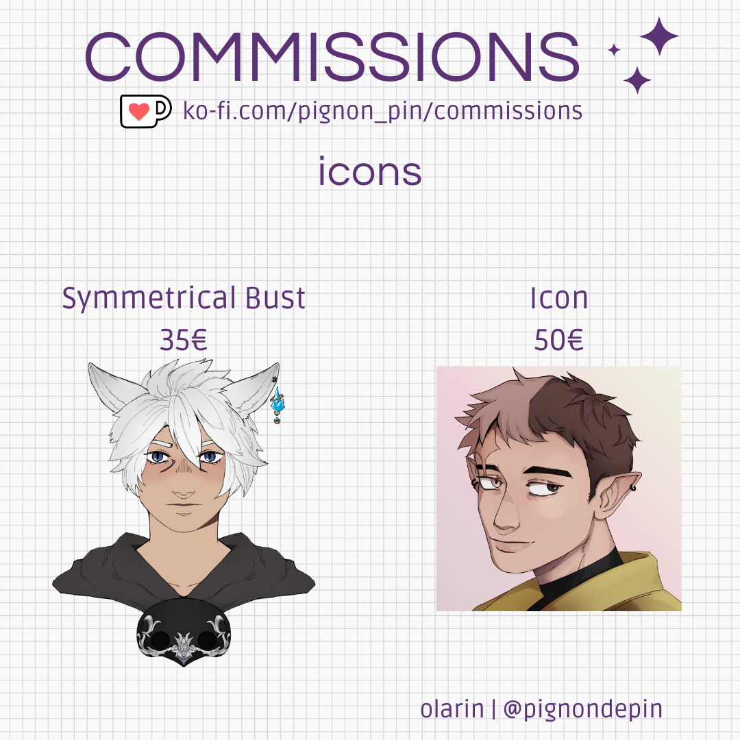 olarin's commission sheet, showing two examples of character portraits