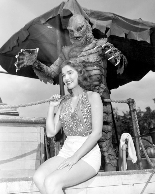 20th-century-man:Julie Adams, Ben Chapman (as Gill-man) / production still from Jack Arnold’s Creatu