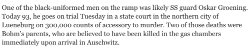 i-cant-believe-its-no-homo:  iverbz:  kingjaffejoffer:  Shout out to Germanyhttp://www.cbsnews.com/news/oskar-groening-nazi-guard-at-auschwitz-death-camp-heads-to-trial-in-germany/  germany out here prosecuting 90 year olds but we cant even get a cop