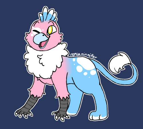 artfight attack for @wormunculus !ID Start: It’s a baby griffin! The bird half is a pink budgie, and