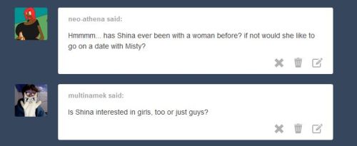 thestripedwurf:I think girls are more interested in her…which she is totally fine with. Shina enjoys the attention from both genders. But with females she is particularly more sub and shy.
