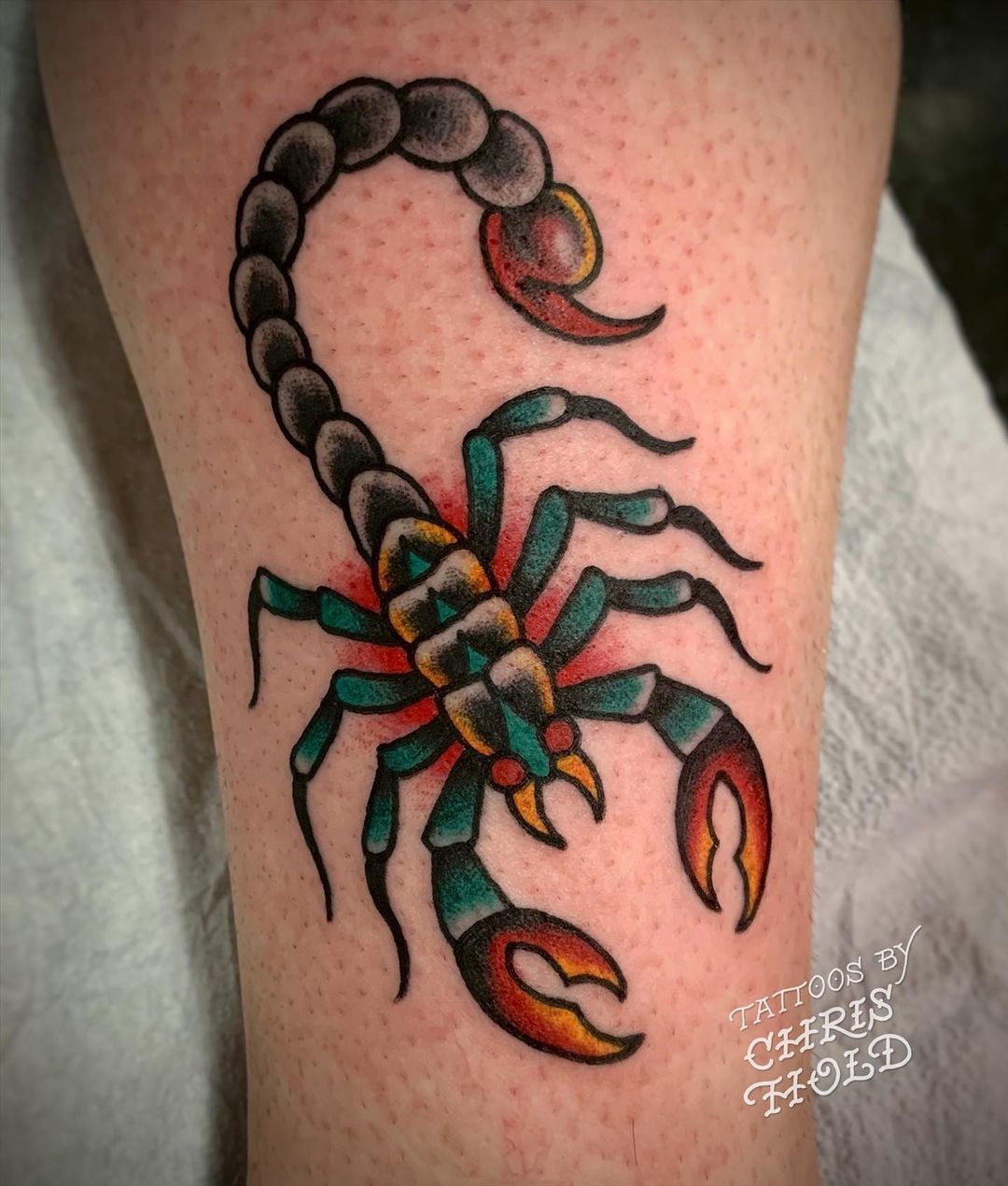 Tattoos by Chris Hold — Made this scorpion for Taunya. Always a pleasure...
