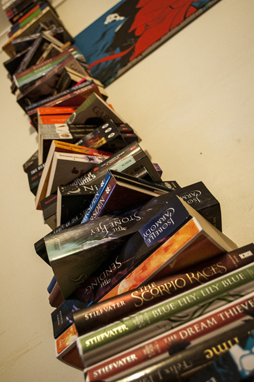 littlebitshonkie:‘I bet you can’t pile your books up in a tower high enough to reach you