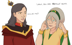 yinza:  Toph and Izumi for my friend Katie, whose fault it is I started drawing Princess Zuko. Everyone who wears glasses knows that trading them to see who has the worst eyesight is part of the greeting process. 