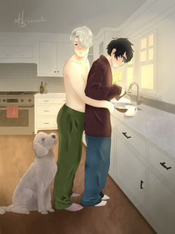 hannalu-art:  Rewatching YOI again &amp; felt like drawing these cute sleepyheads getting some morning coffee