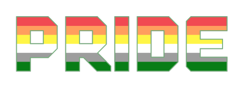 [image description: four block text banners of the word “pride” in a squared-off text, coloured in f