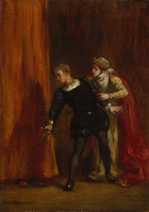 books0977:  Hamlet and His Mother (1849). Eugène Delacroix (French, 1798-1863). Oil on canvas. MET.This painting depicts the moment in Shakespeare’s epic tragedy Hamlet in which the protagonist, who has been speaking privately with his mother, Queen