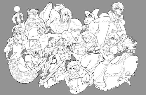 starexorcist:  My ladies of smash piece. Get the transparent lineart to color over on my patreon for free (but backers are appreciated)