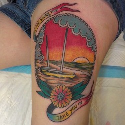 fuckyeahtattoos:  Design and Tattoo by Justin Dion at Anatomy Tattoo in Portland, Oregon. Lyric by Anthony Green. Boats based off a photo that was personally taken in St. Augustine, Florida. justindion.tumblr.com justindion.com