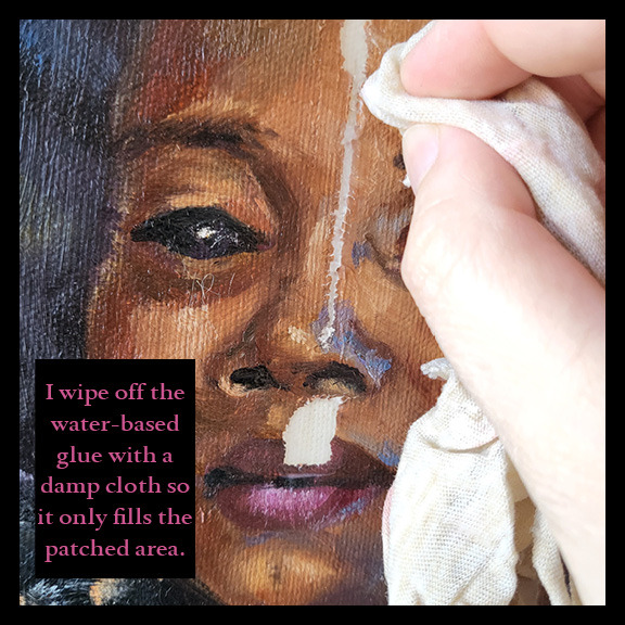 I wipe off the water-based glue with a damp cloth so it only fills the patched area.