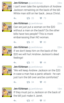 optimysticals:  Look I have a LOT of personal feelings about Andrew Jackson and NONE of them are positive. I’m not going to go into them, BUT… THIS IS RIDICULOUS! Shifting him from the front to the back is the most half-hearted (I am using my non-angry