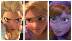 princess-anna-sexual:  Elsa, Rapunzel, and Anna. Their expressions of anger, amazed, and happy. 