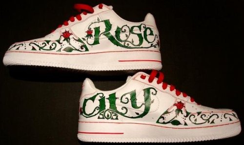 Hand painted ‘Rose City’ custom AF-1s. These have SOLD, but I do shoes one-of-a-kind to order.  Visi