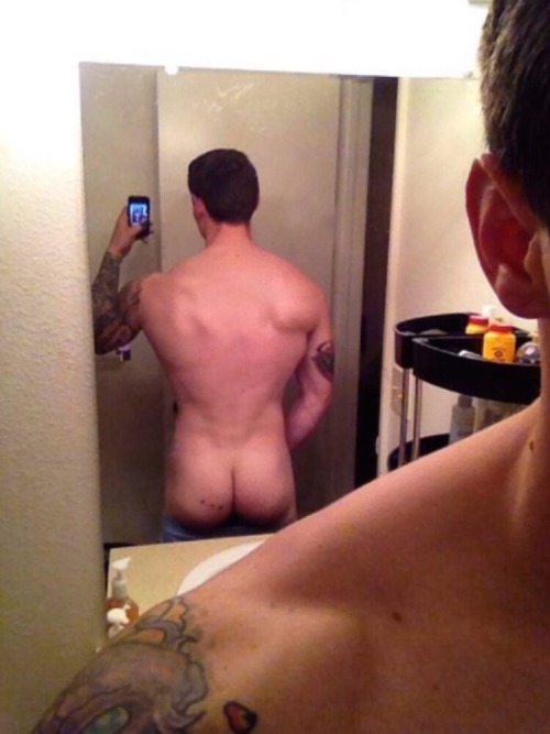 queerclick:See the tats on his ass up close. Plus he lets out his stiff erected cock.
