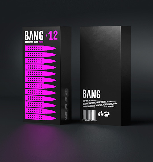 zokione:
“ We created a condom brand BANG and a package design for it. Our challenge was to create the true men’s condoms. We wanted men to feel like real warriors when they buy them. Condoms are their bullets, packages are their clips and sex is...