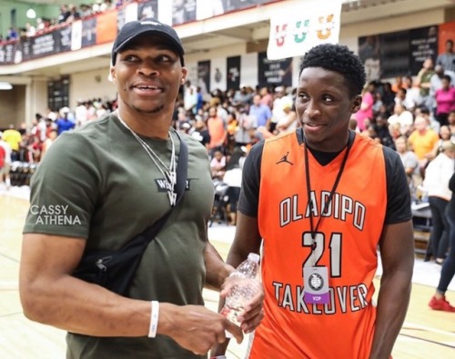 Russell Westbrook and Victor Oladipo attend the Peach Jam Championship