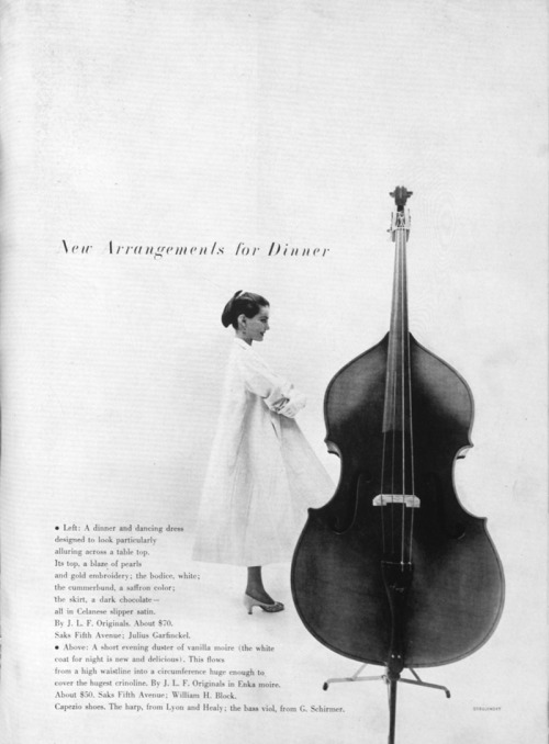 Model with bass viol in “New Arrangements for Dinner” for Harper’s Bazaar, 1951. Designed by Alexey 