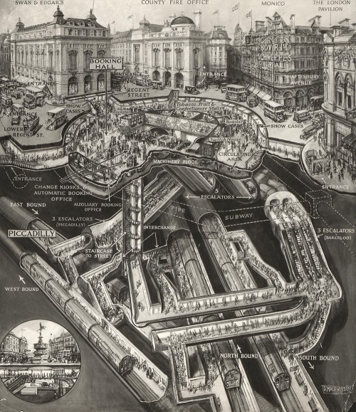 iolondinium:mapsontheweb:London Piccadilly Tube Station, amazing sectional drawing from 1928.