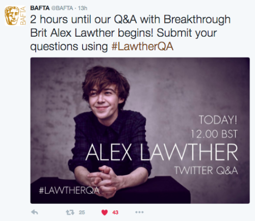 Alex just did a Q&A session with BAFTA on Twitter (since they are announcing this year’s Breakth