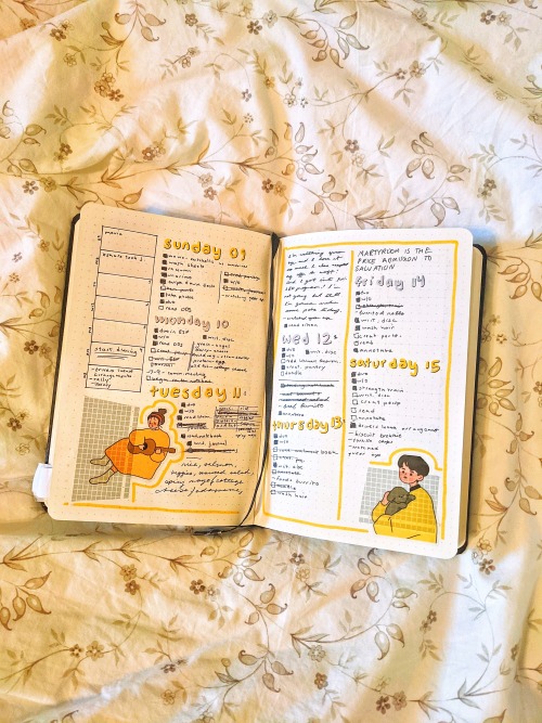 lantern-academia:05.15.2021 - an early may spread with some bright yellows and cozy stickers! really