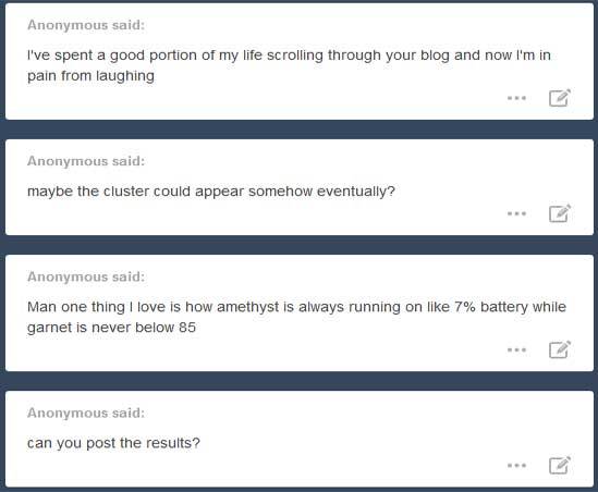 Anon answers under the cut. If you’ve sent me an anonymous question in the last