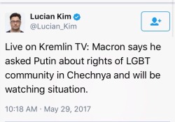 malachinorris: Finally a voice of reason. President Macron is standing up to the abuse and killings of LGBT citizens in Russia. Thank you President Macron! 🏳️‍🌈🇫🇷