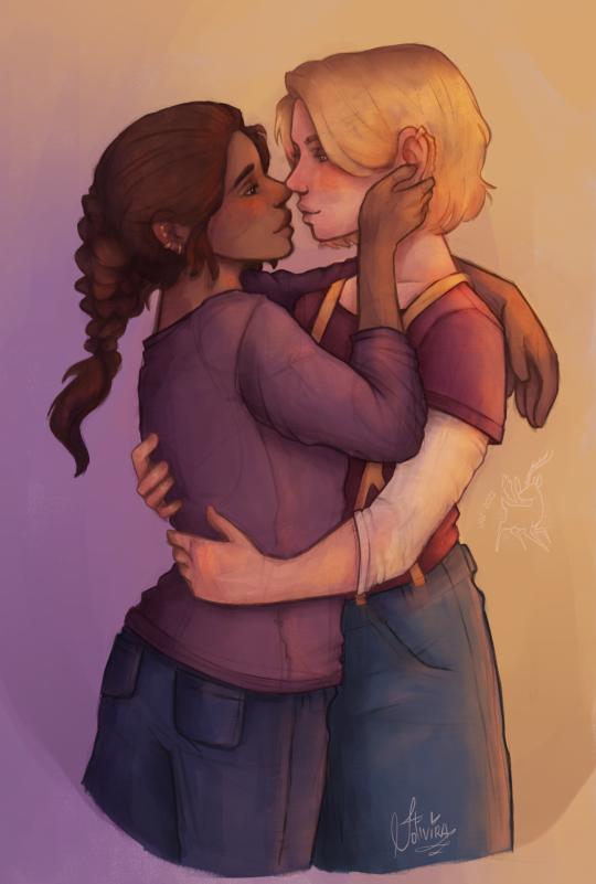 jolivira:her two-hearted weirdo 💙💙[image description: digital artwork of yasmin khan and the thirteenth doctor hugging. Yaz has one arm around the doctor and the other hand is gently holding her cheek. The doctor is holding Yaz’s waist with