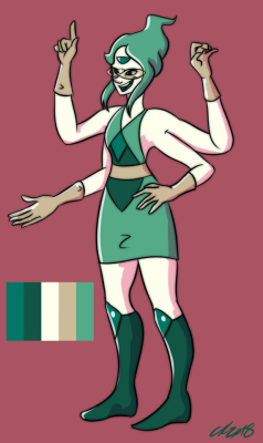 tassietyger:Meet Dioptase! A snarky, blunt but laid back fusion. Quick on her heels and someone who gets excited very easily. My take of what a Lapidot fusion would look like. Who would also be Opal’s zany but sweet girlfriend too &lt;3