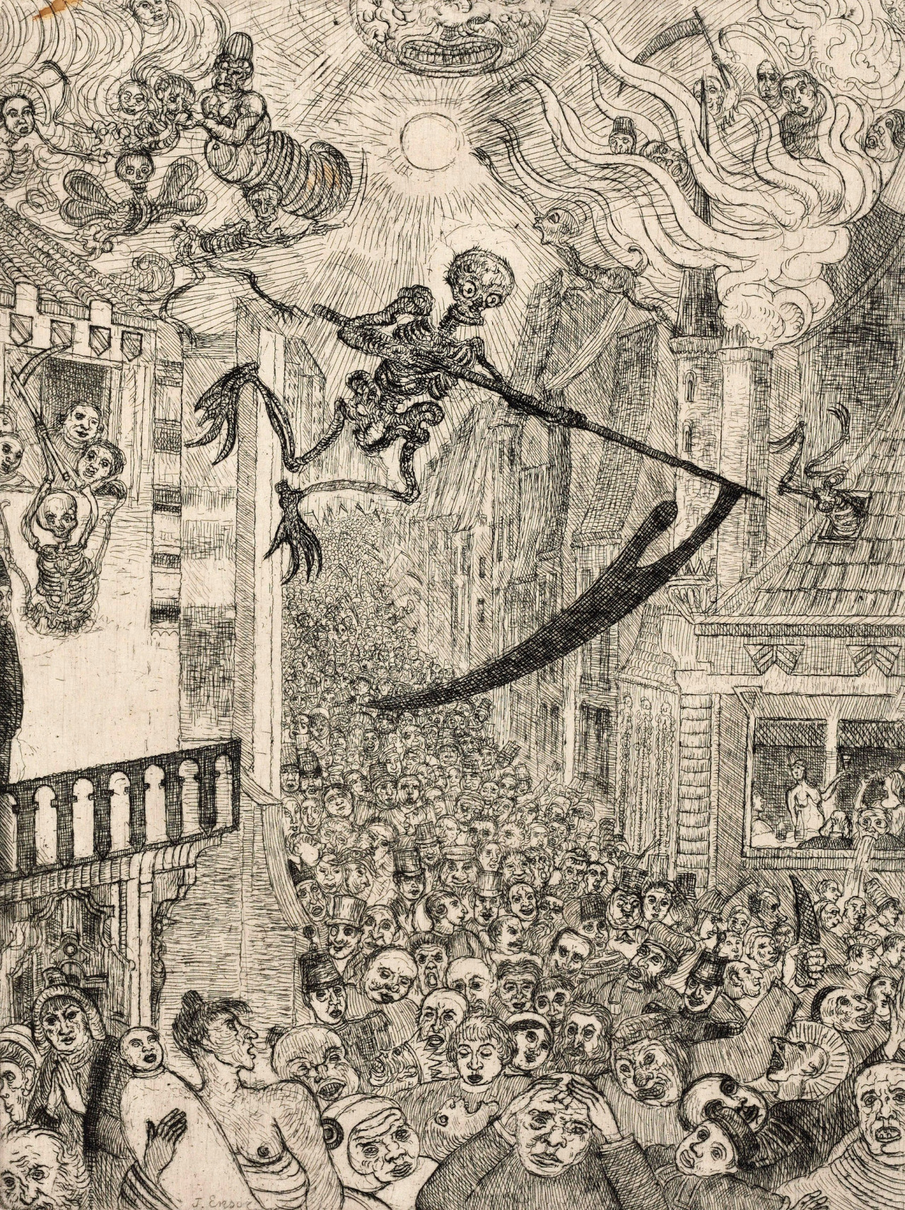 James Ensor (1860-1949), ‘Death Pursuing a Flock of Humans’, 1896
“Ensor’s web-footed Death hovering over a shrieking crowd of people is a caricature of the traditional iconography of the Triumph of Death. As in the medieval tradition of the Danse...